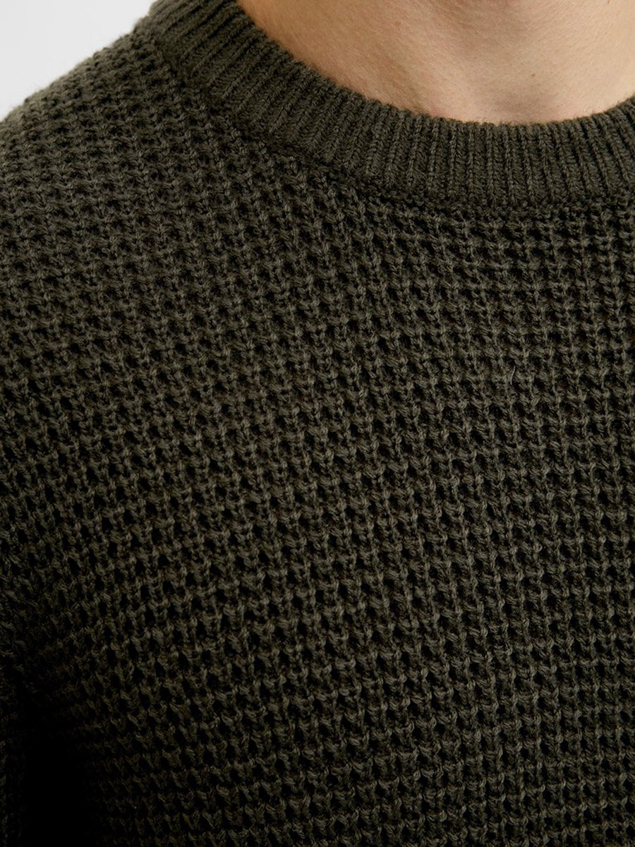 Dark Green Waffle Knit Crew Neck Sweater