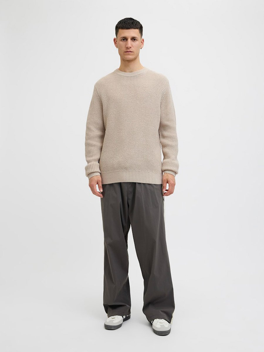 CREW NECK WAFFLE  KNIT 佐藤健 ABYTS Beige Waffle Knit Crew Neck Sweater For Men at Kuwait | Styli