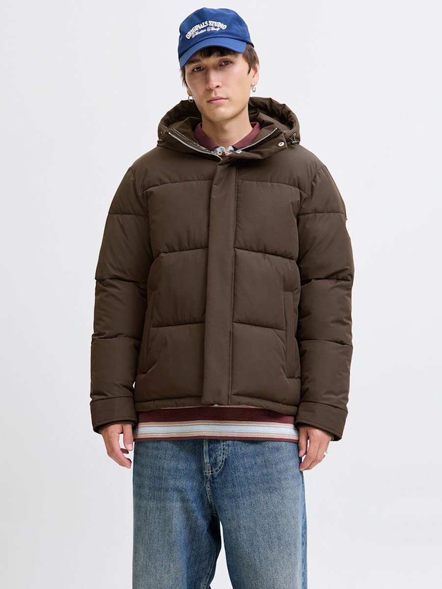 Coffee Brown Zip-Up Puffer Jacket with Hood