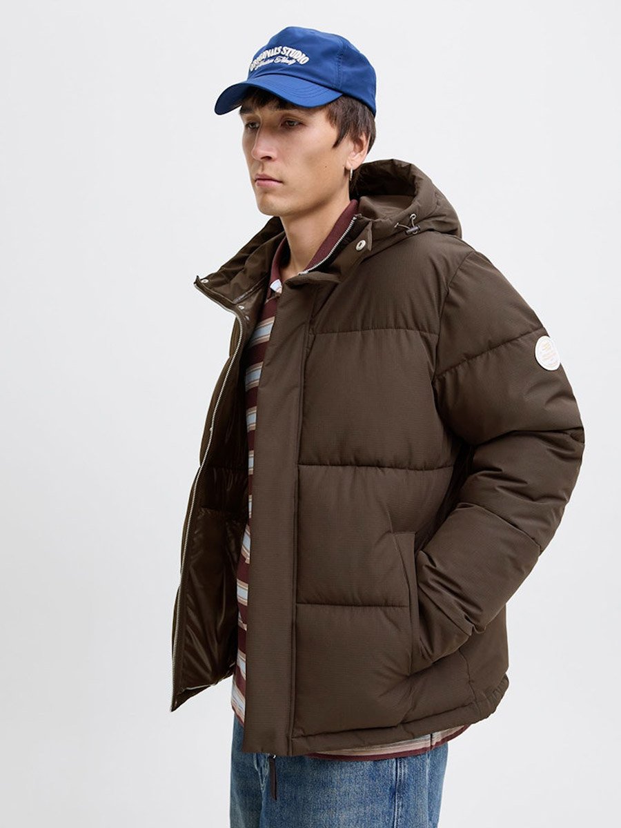 Coffee Brown Zip-Up Puffer Jacket with Hood