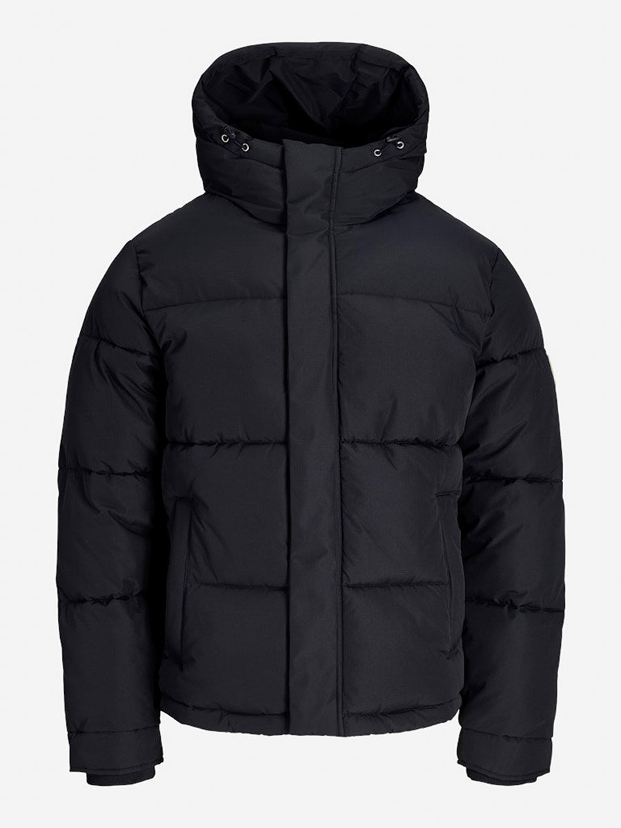 Navy Blue Zip-Up Puffer Jacket with Hood