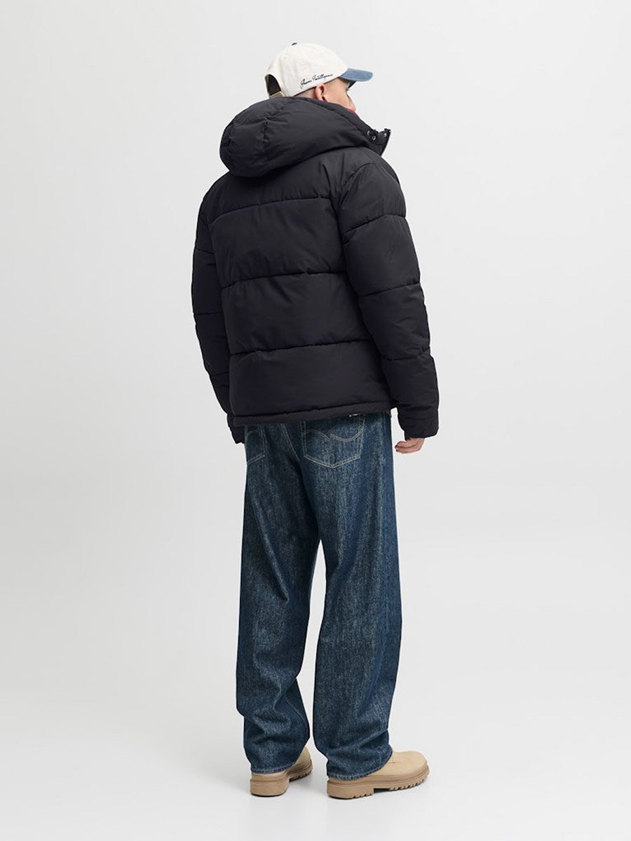 Navy Blue Zip-Up Puffer Jacket with Hood