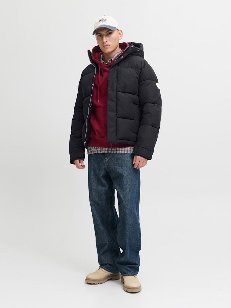 Navy Blue Zip-Up Puffer Jacket with Hood