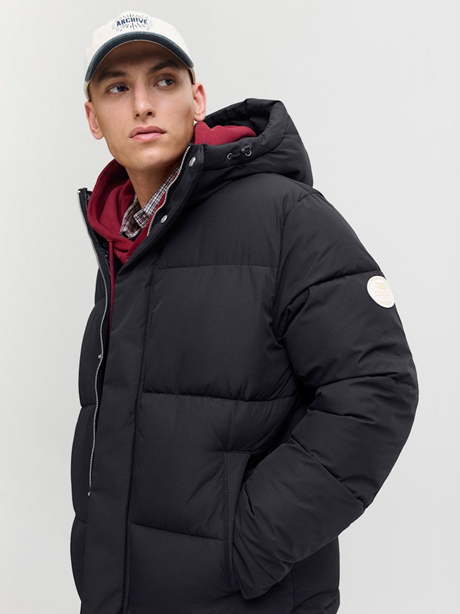 Navy Blue Zip-Up Puffer Jacket with Hood