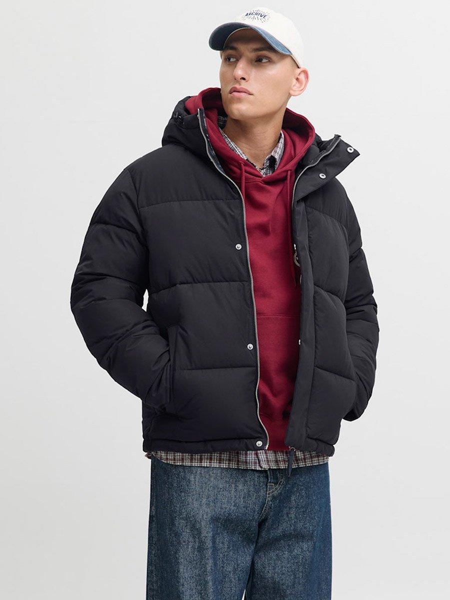 Navy Blue Zip-Up Puffer Jacket with Hood