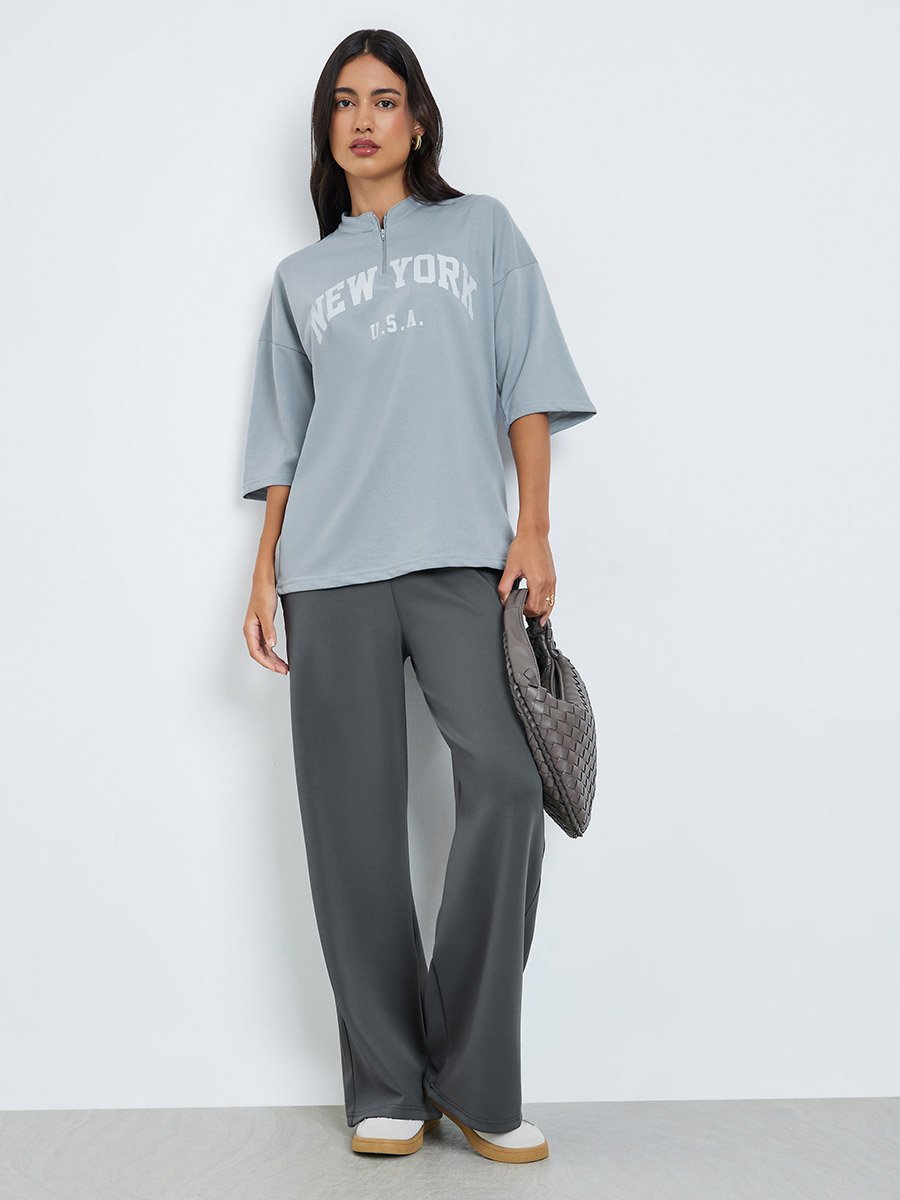 Women Grey Oversized Graphic Print T-Shirt