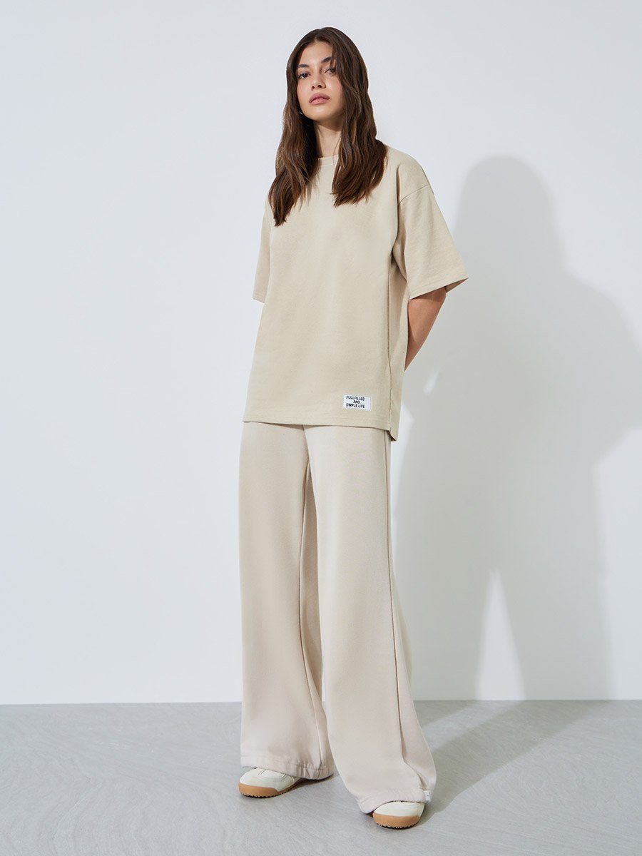 Beige Oversized Essentials Print T-Shirt