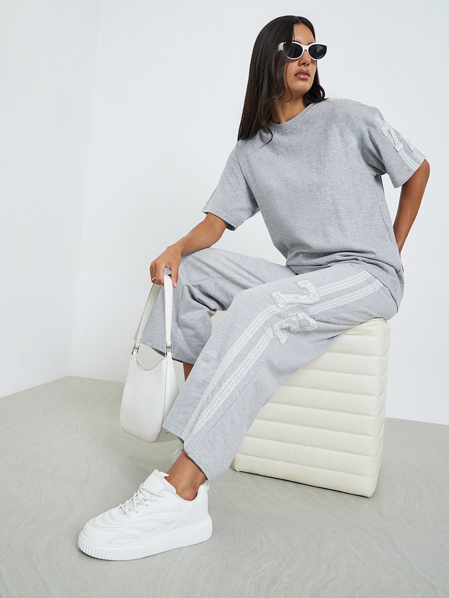 Grey Lace Detail Wide Leg Joggers