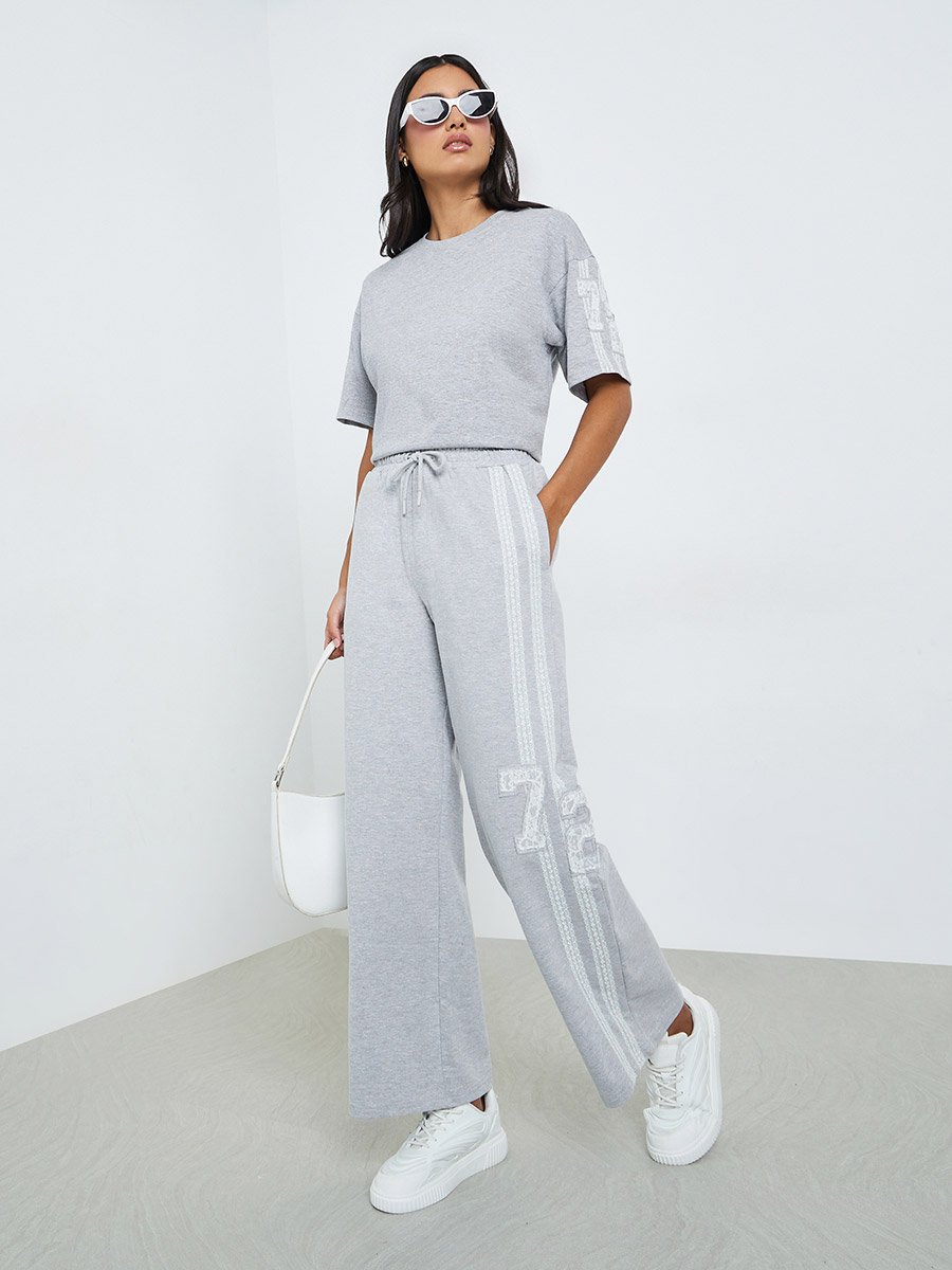 Grey Lace Detail Wide Leg Joggers