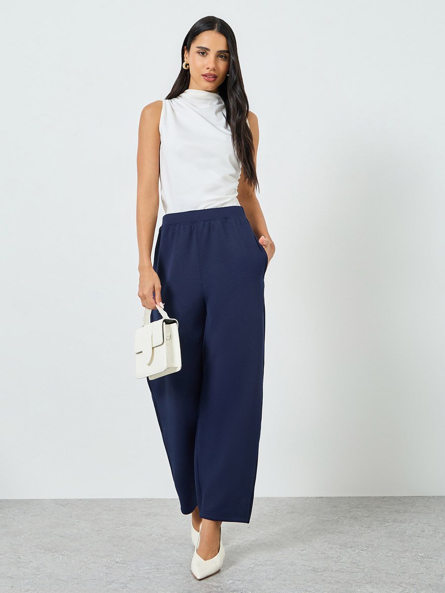 Navy Blue Wide Leg Knitted Joggers 