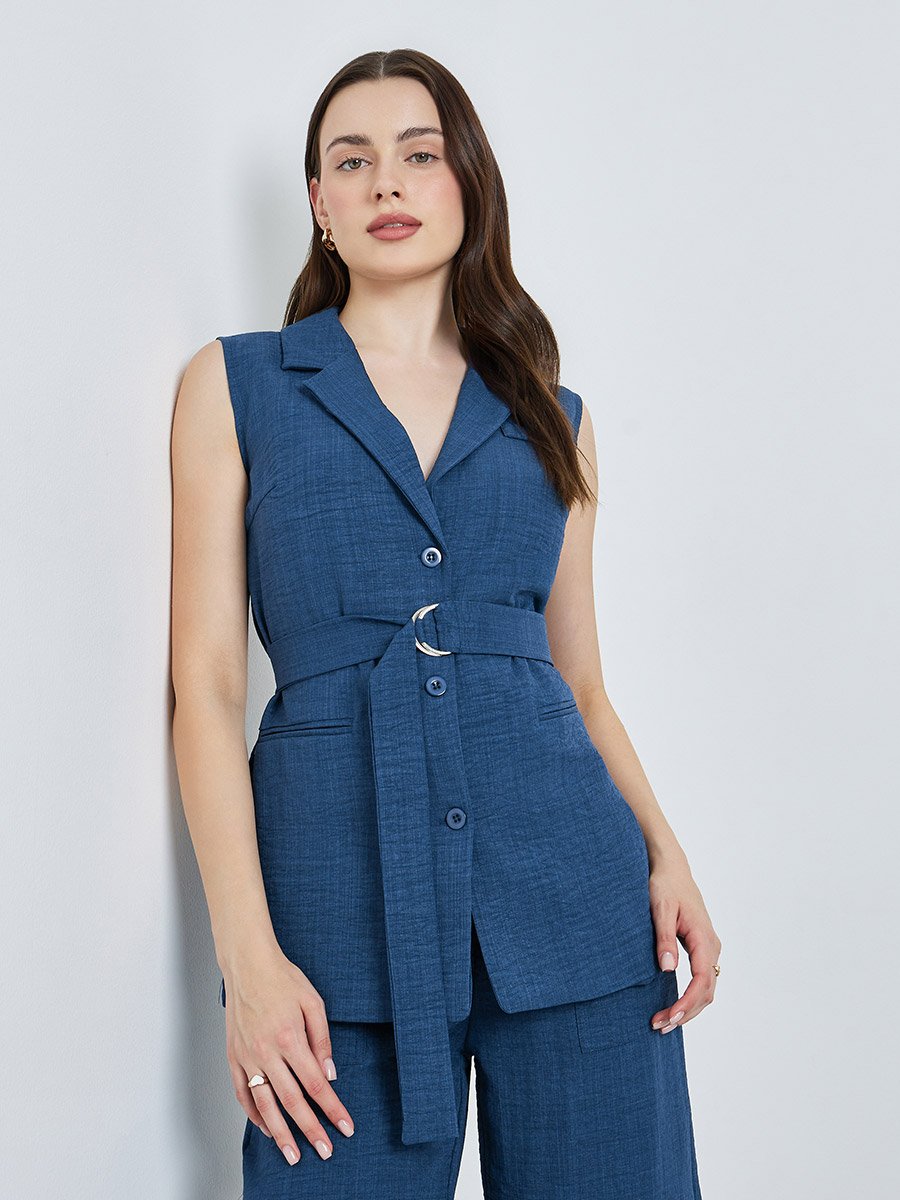 Women Blue Regular Fit Sleeveless Belted Blazer