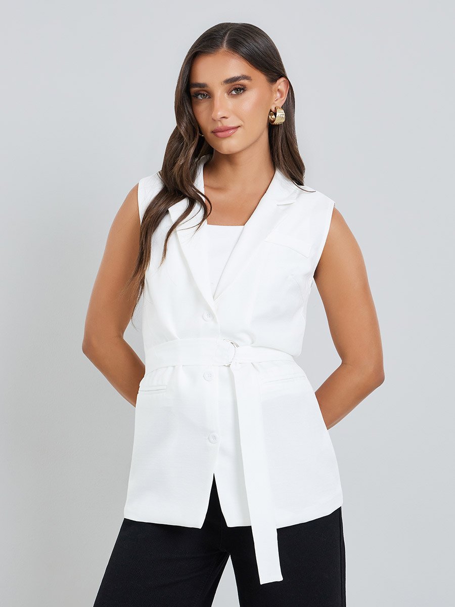 Women White Belted Sleeveless Blazer