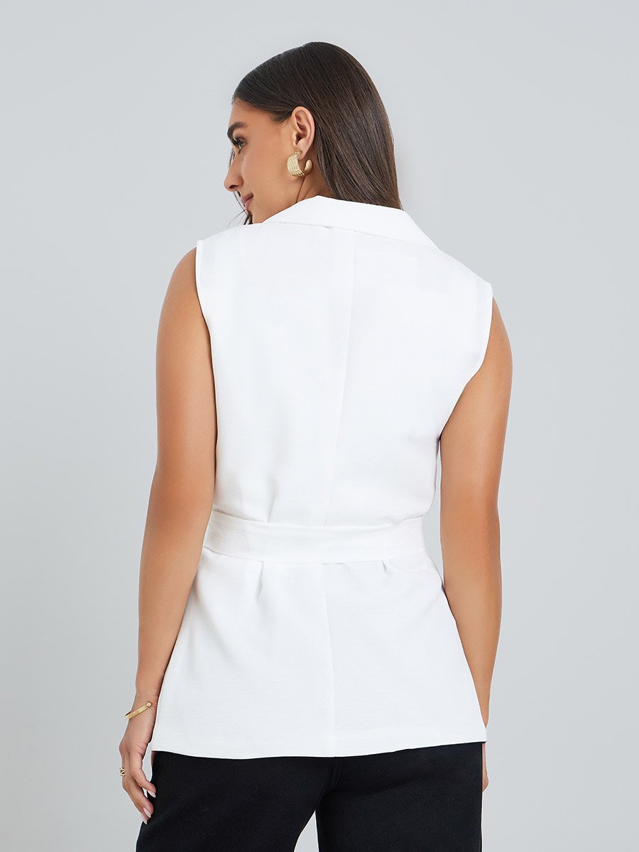 Women White Belted Sleeveless Blazer
