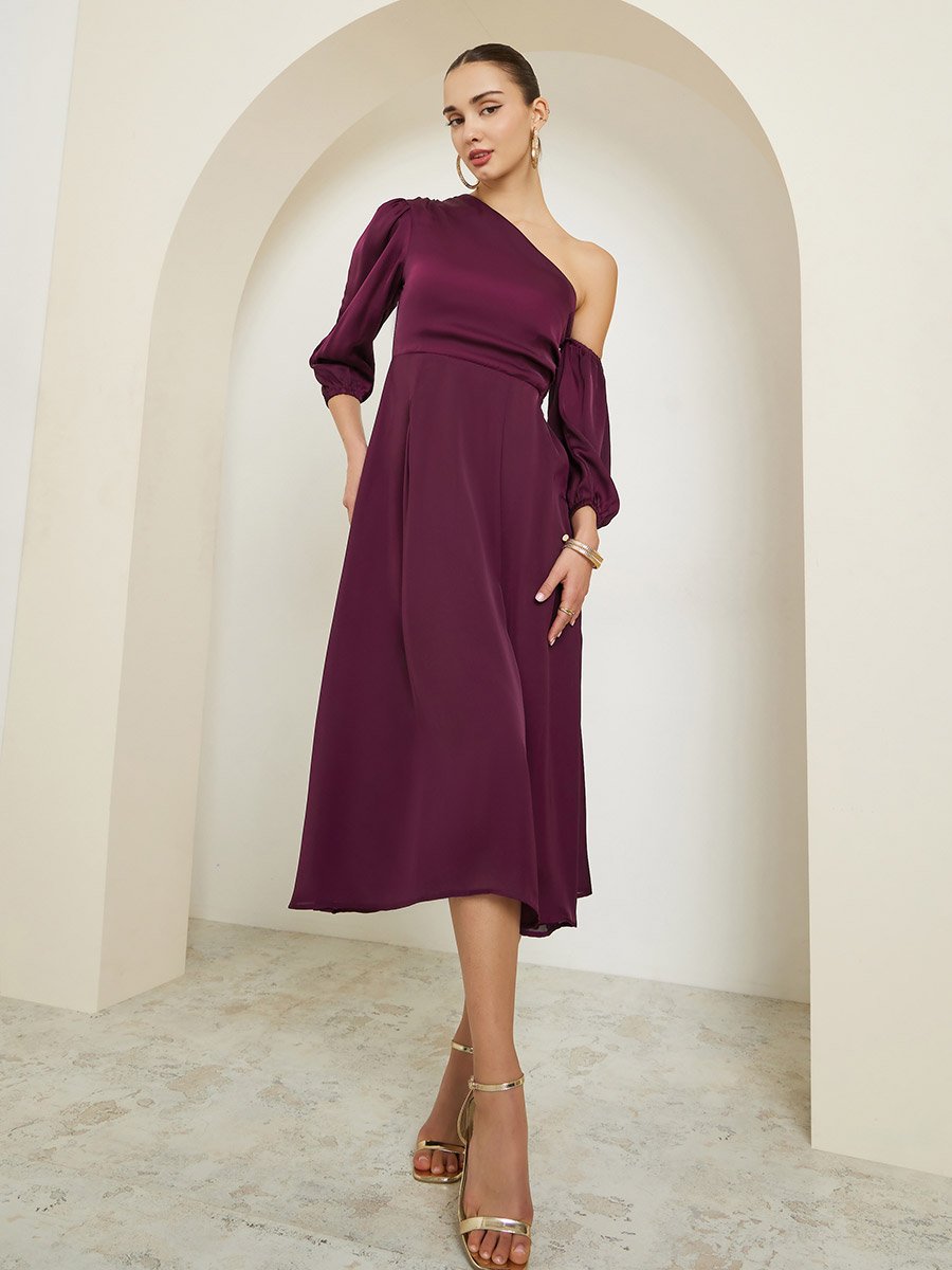 Burgundy One Shoulder A-Line Midi Dress For Women at Saudi | Styli Burgundy One Shoulder A-Line Midi Dress For Women at Saudi | Styli