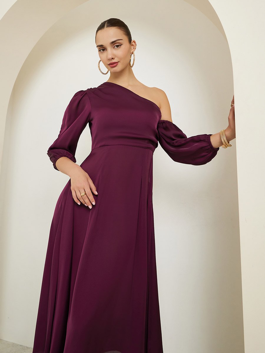 Burgundy One Shoulder A-Line Midi Dress For Women at UAE | Styli Burgundy One Shoulder A-Line Midi Dress For Women at UAE | Styli