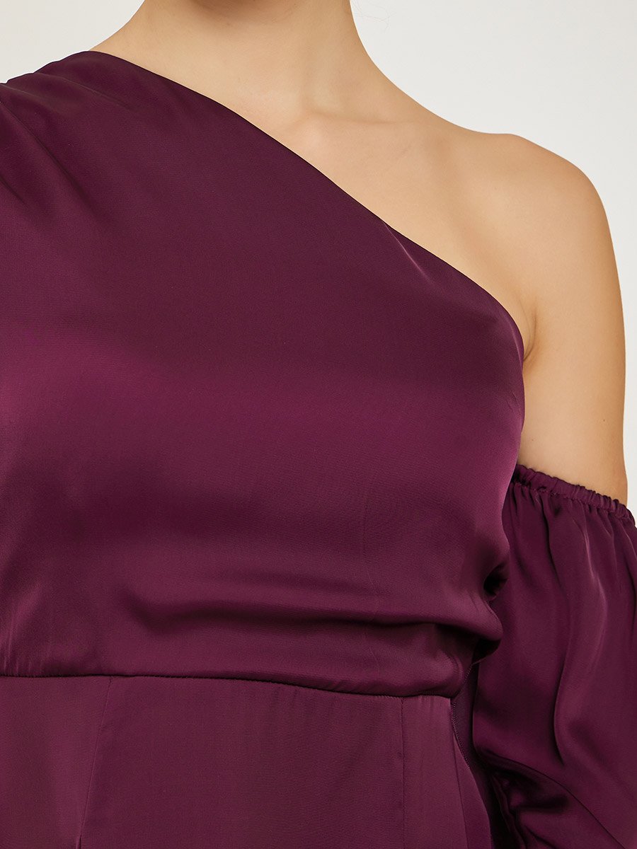 Burgundy One Shoulder A-Line Midi Dress
