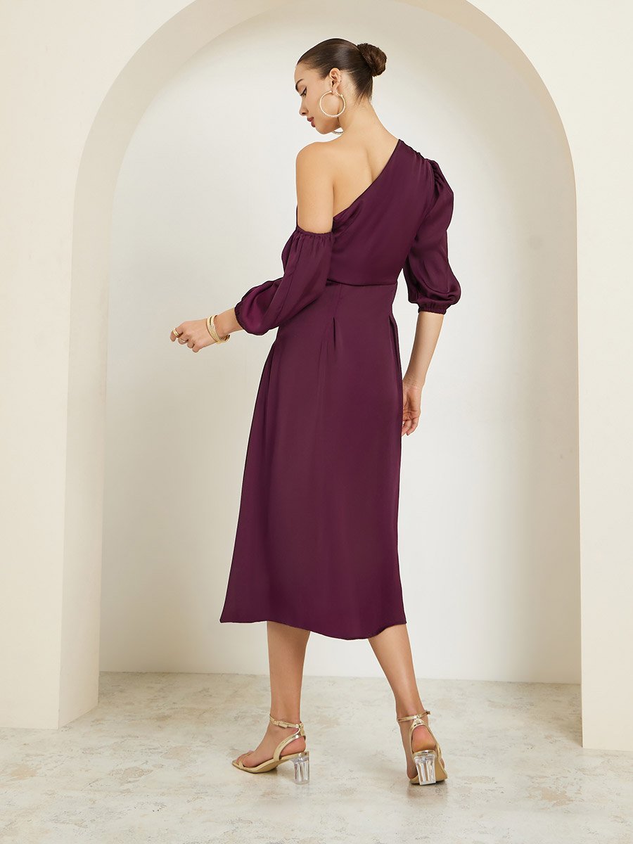 Burgundy One Shoulder A-Line Midi Dress For Women at UAE | Styli Burgundy One Shoulder A-Line Midi Dress For Women at UAE | Styli