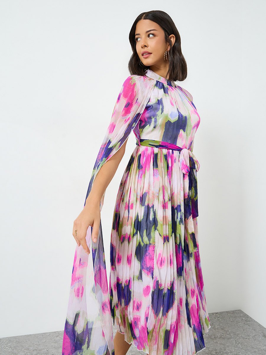 Multi Cape Sleeve Pleated Midi Dress