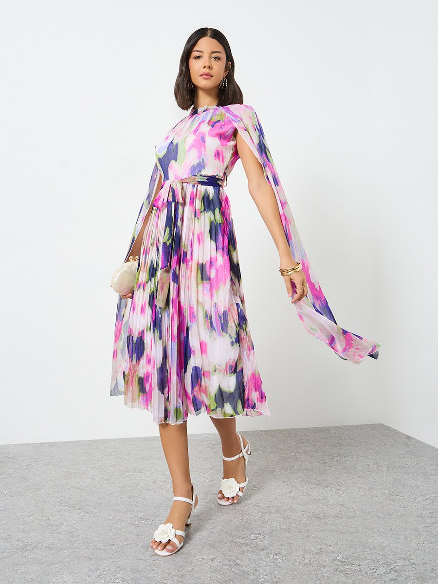 Multi Cape Sleeve Pleated Midi Dress