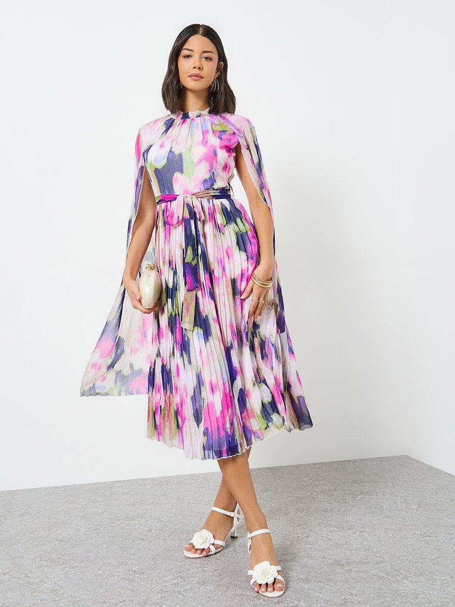 Multi Cape Sleeve Pleated Midi Dress