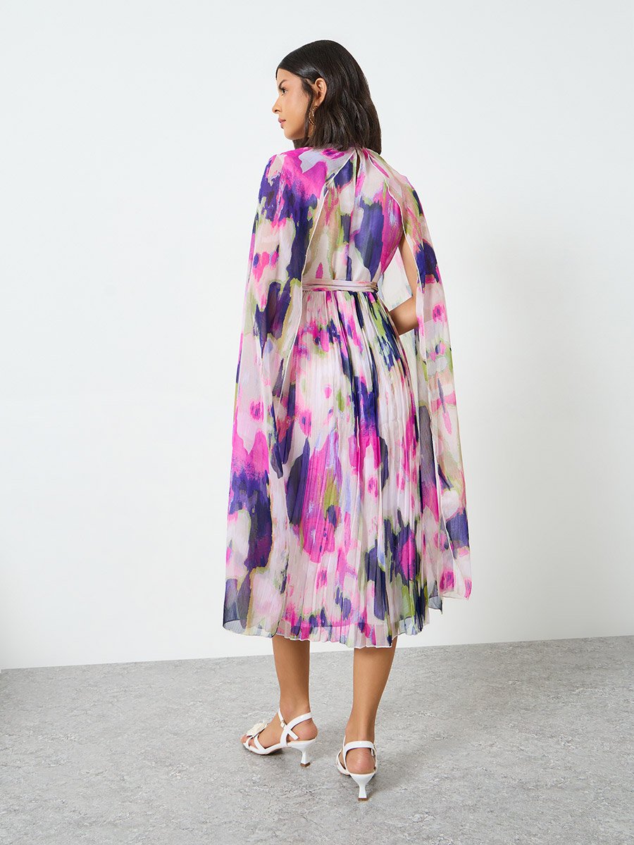 Multi Cape Sleeve Pleated Midi Dress