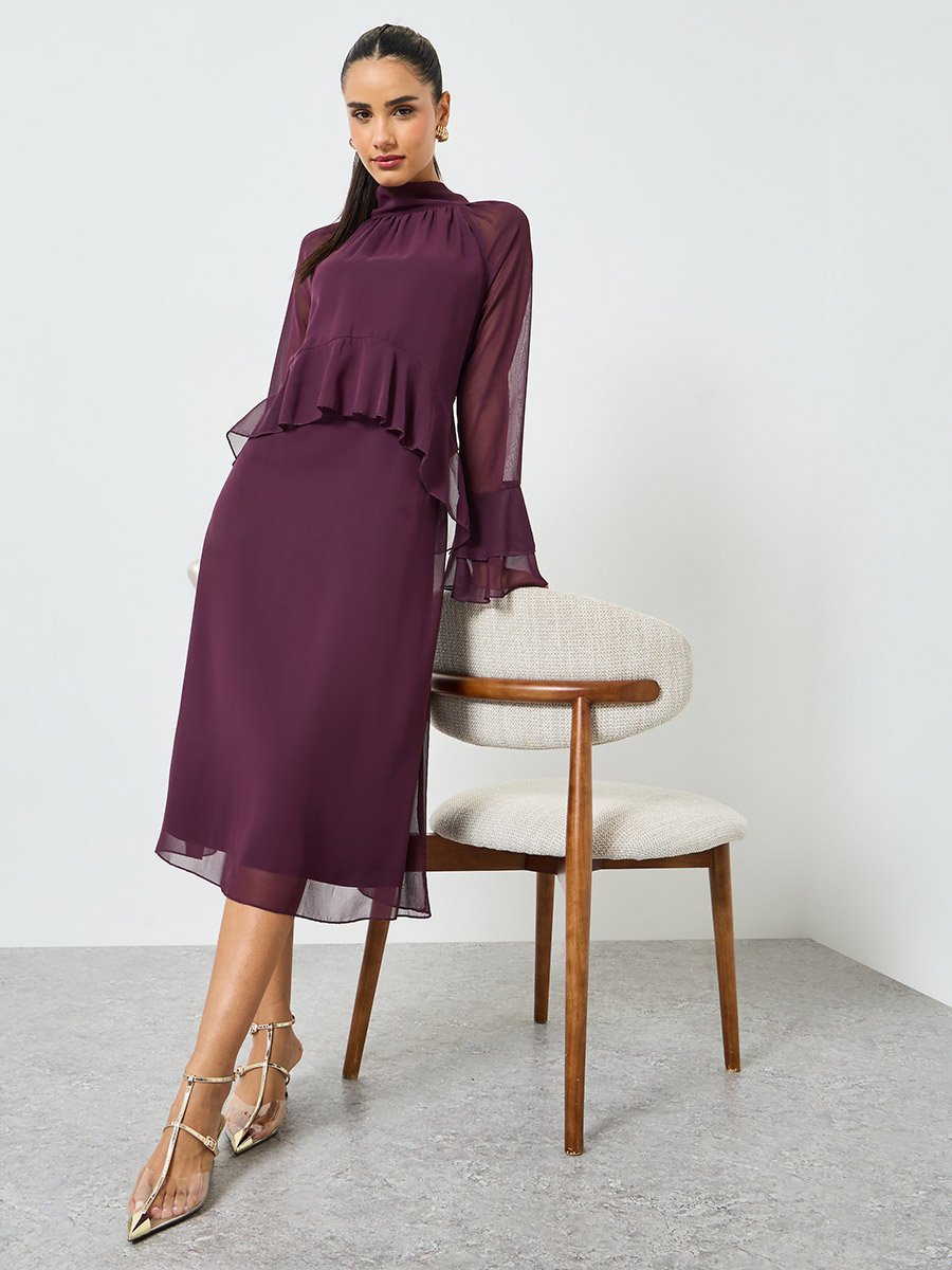 Purple Bell Sleeve Ruffled Detail Midi Dress For Women at UAE | Styli Purple Bell Sleeve Ruffled Detail Midi Dress For Women at UAE | Styli