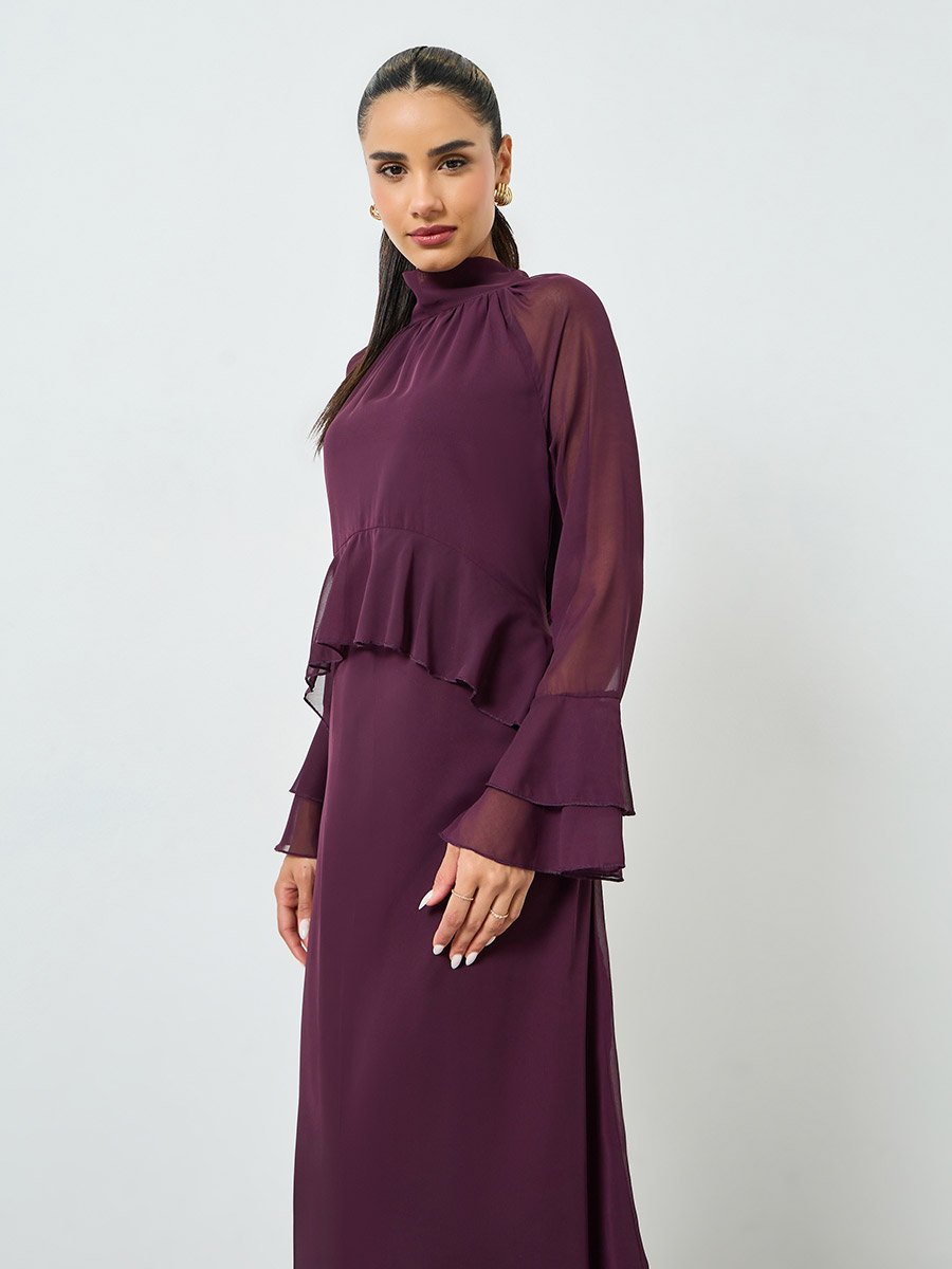 Purple Bell Sleeve Ruffled Detail Midi Dress For Women at Kuwait | Styli Purple Bell Sleeve Ruffled Detail Midi Dress For Women at Kuwait | Styli