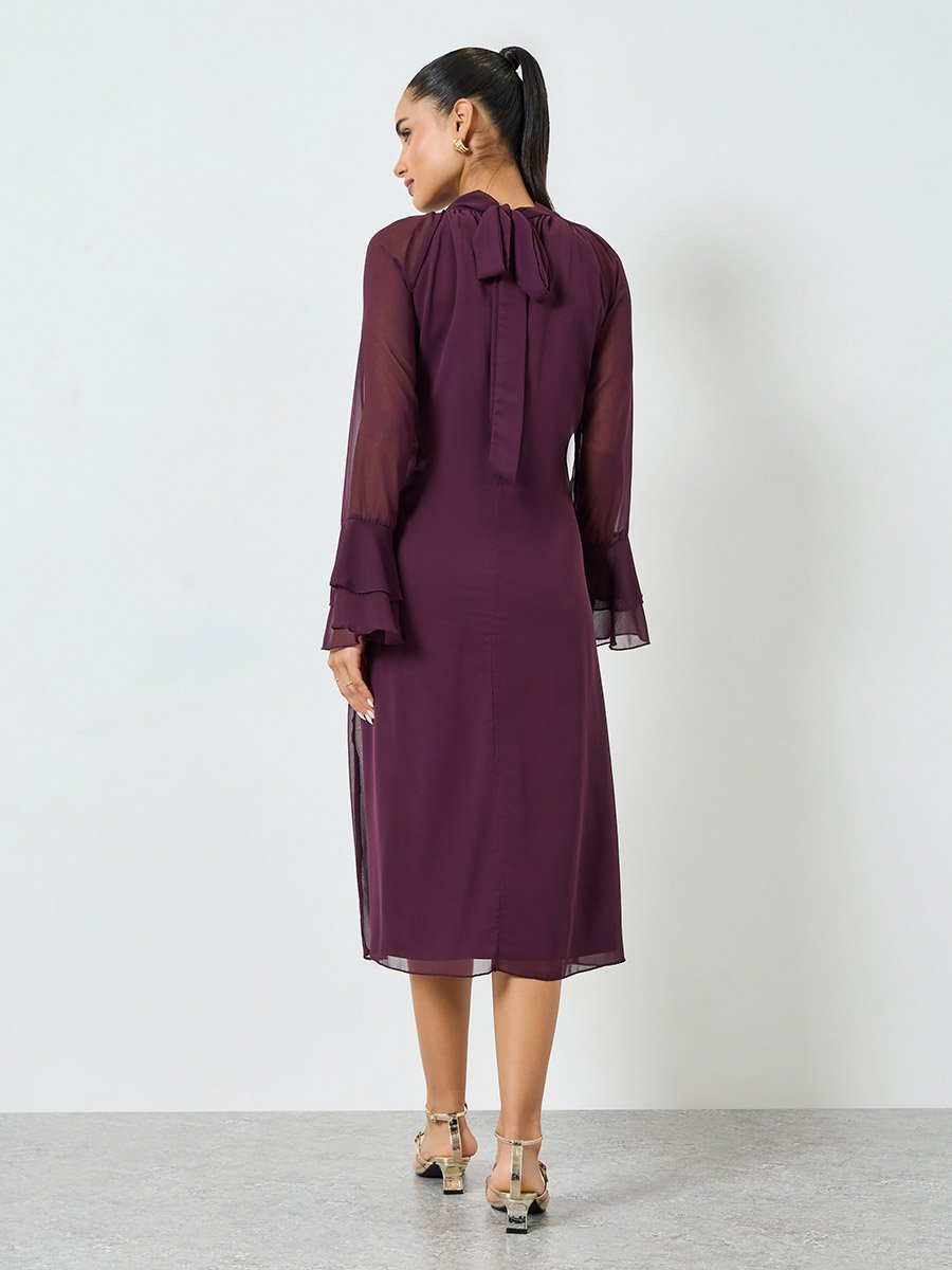 Purple Bell Sleeve Ruffled Detail Midi Dress For Women at Kuwait | Styli Purple Bell Sleeve Ruffled Detail Midi Dress For Women at Kuwait | Styli