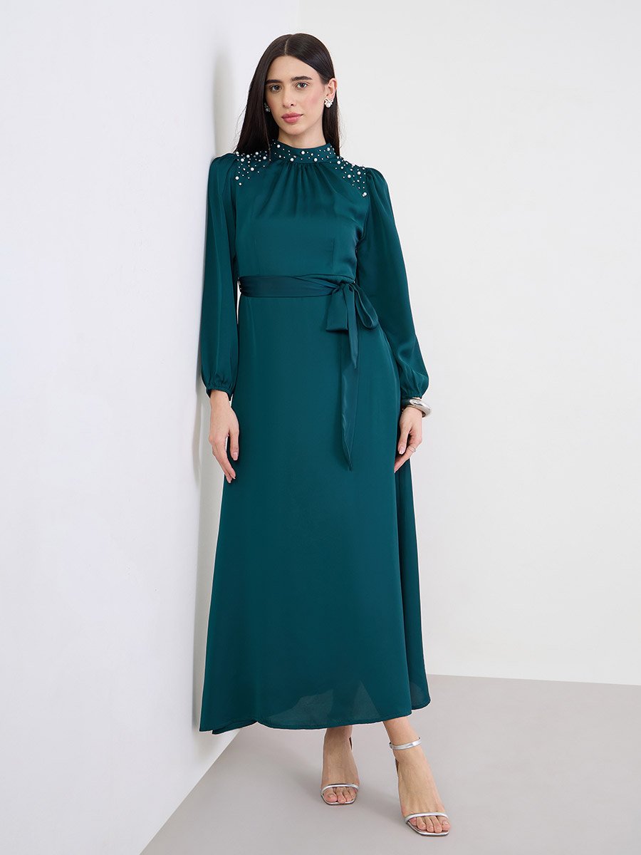 Teal Embellished Yoke Satin Maxi Dress