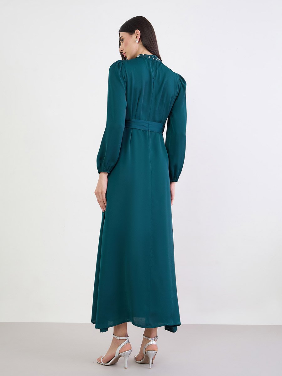 Teal Embellished Yoke Satin Maxi Dress