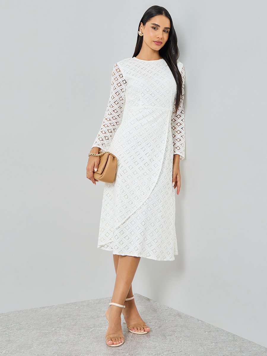 White Lace Short Sleeves A-Line Midi Dress For Women at Bahrain | Styli