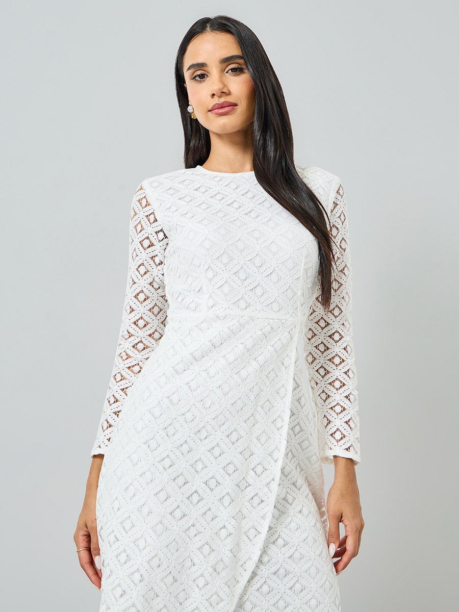 knee length dresses for ladies Forget Me Not White Eyelet Short Sleeve Midi Dress