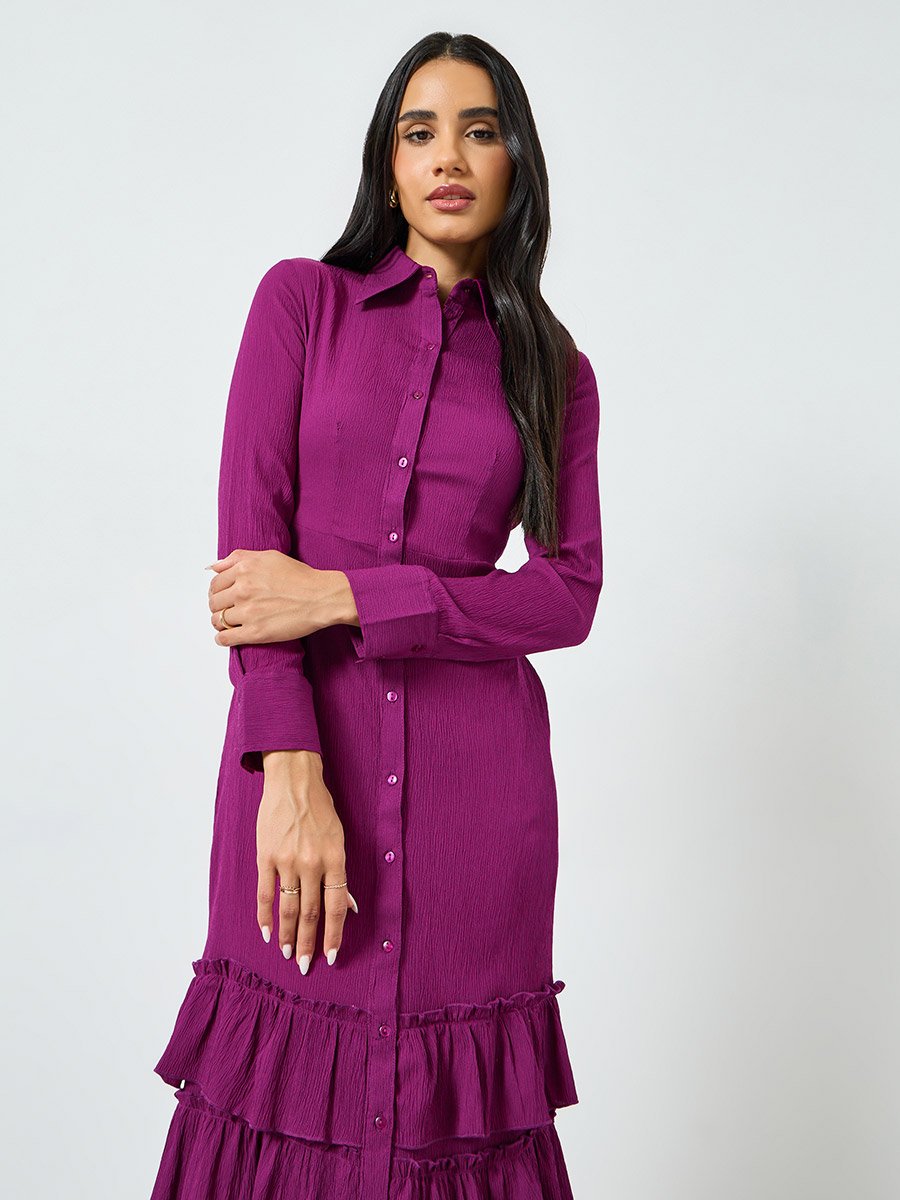 Purple Buttoned Ruffled Tiered Hem Maxi Dress