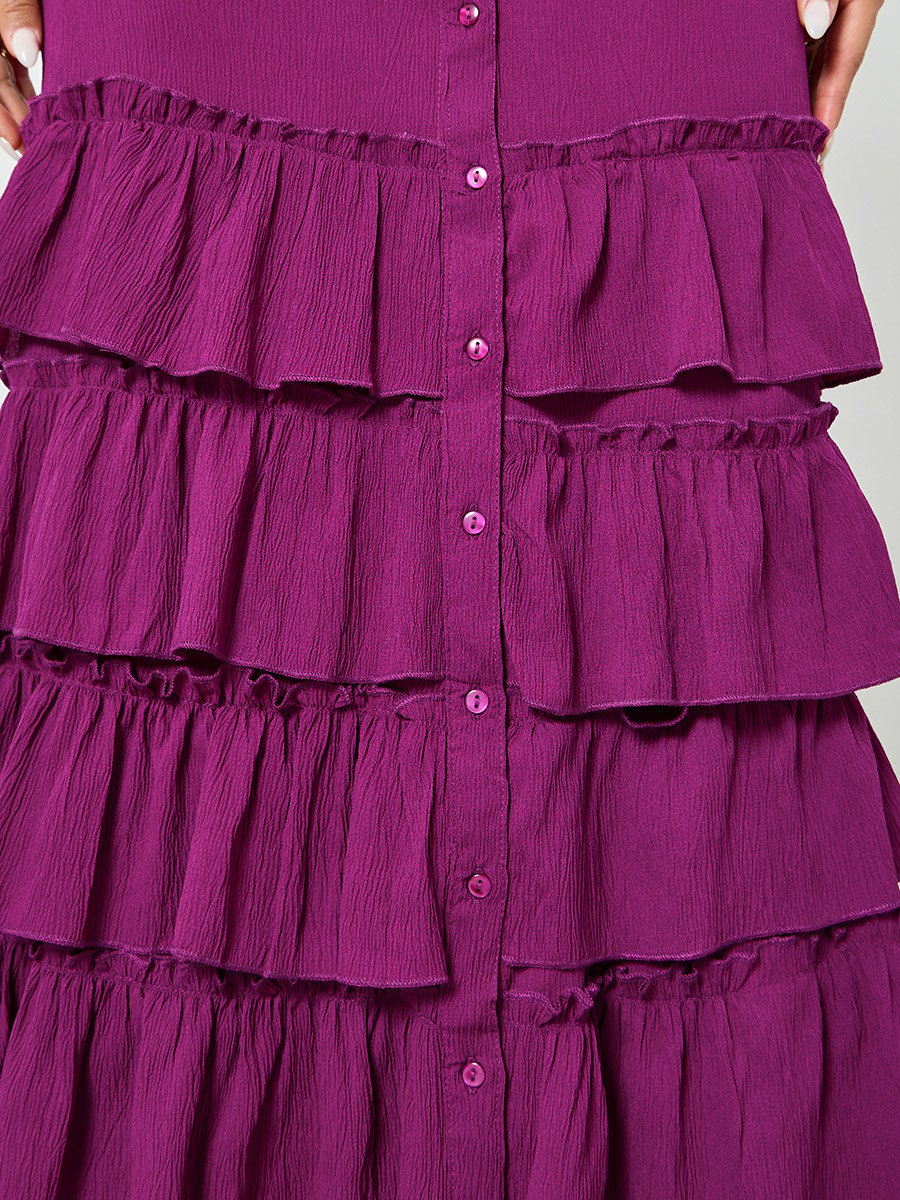 Purple Buttoned Ruffled Tiered Hem Maxi Dress