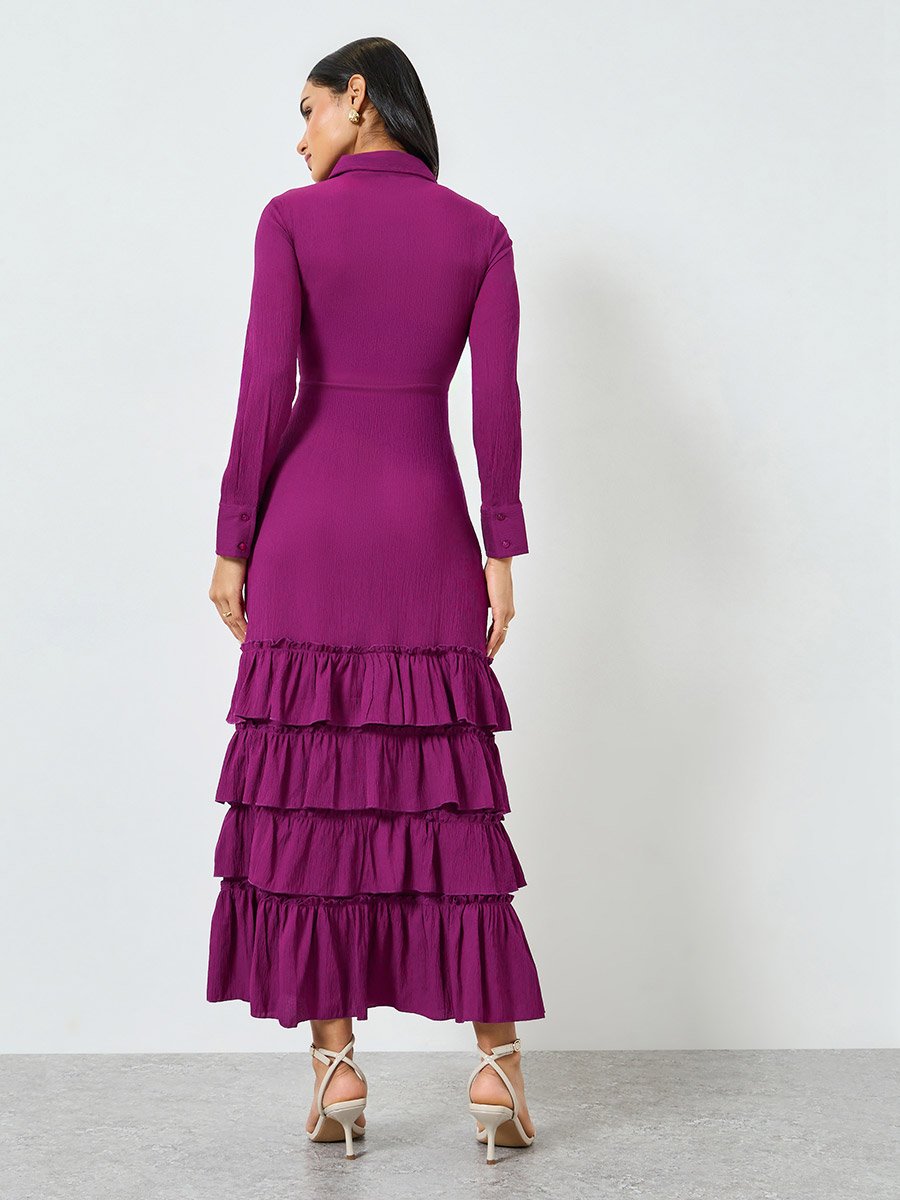 Purple Buttoned Ruffled Tiered Hem Maxi Dress