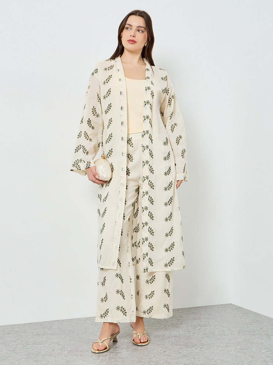 Women Off-White Leaf Embroidered Kimono and Trousers Co-Ords