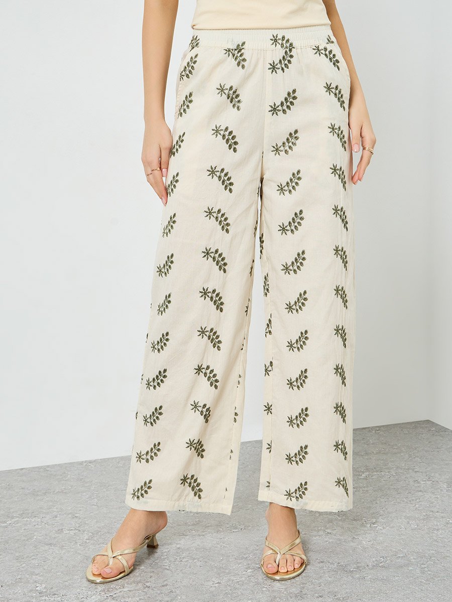 Women Off-White Leaf Embroidered Kimono and Trousers Co-Ords