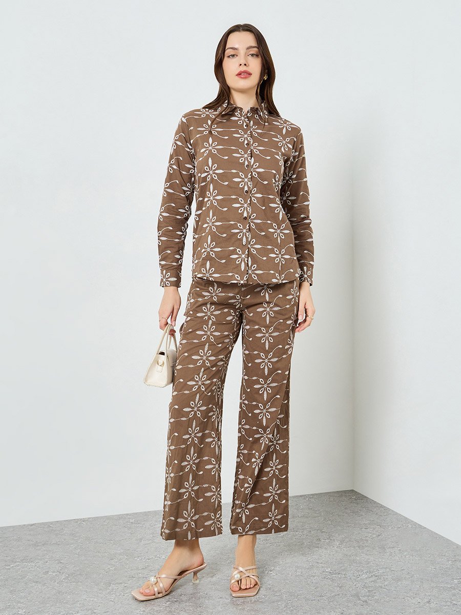 Brown Embroidered Shirt and Trousers Co-Ords