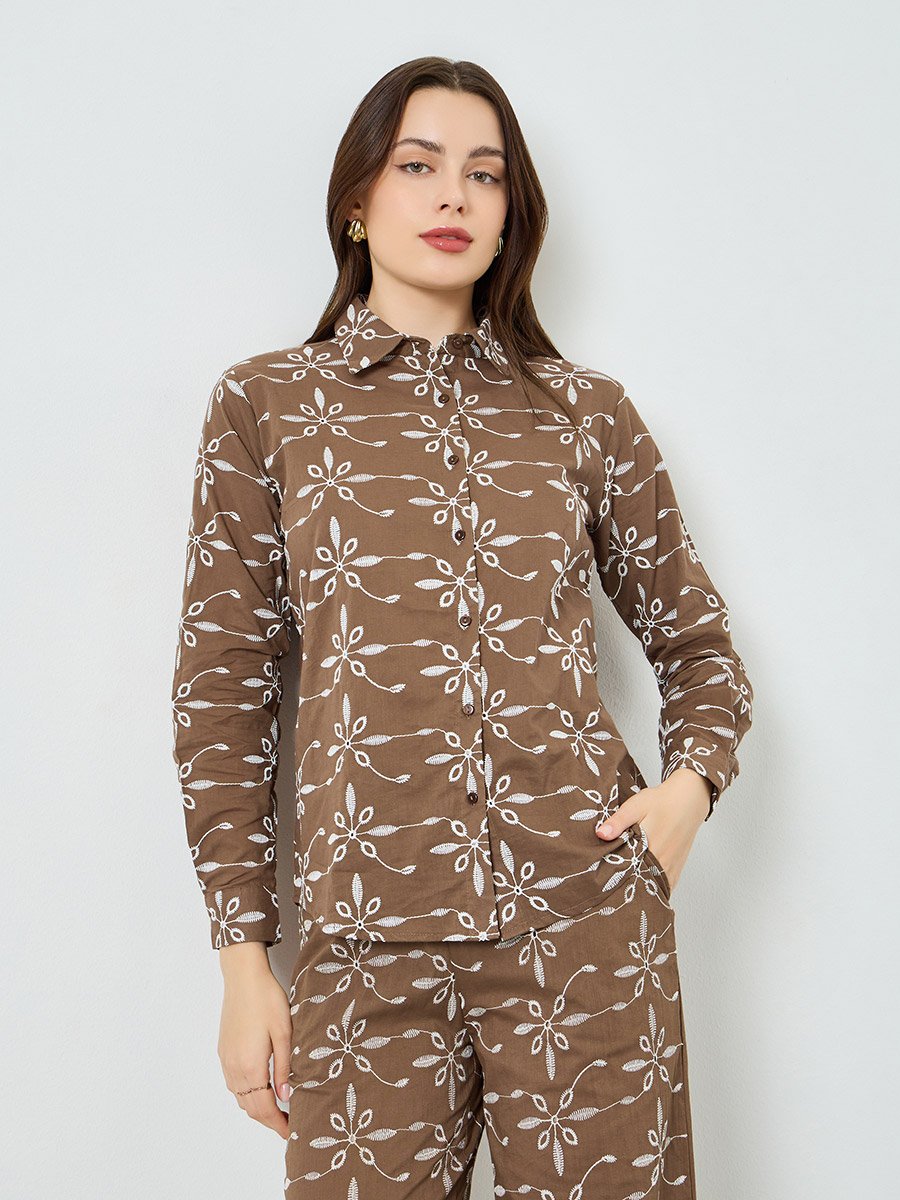 Brown Embroidered Shirt and Trousers Co-Ords