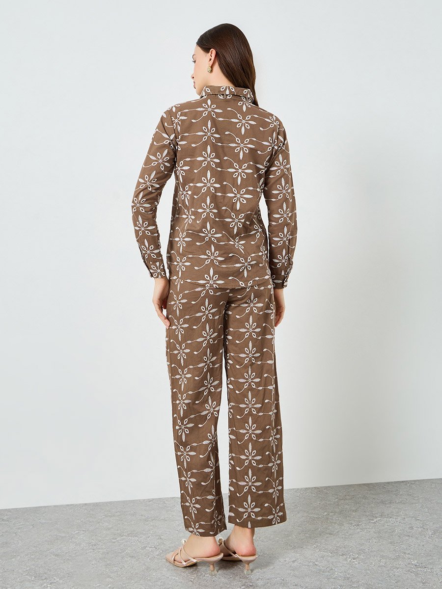 Brown Embroidered Shirt and Trousers Co-Ords