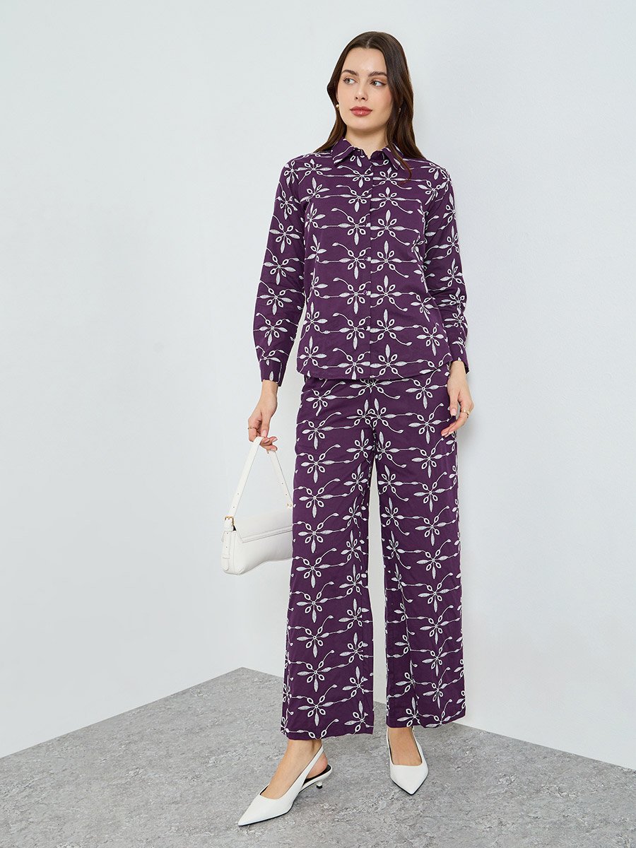 Purple Embroidered Shirt and Trousers Co-Ords