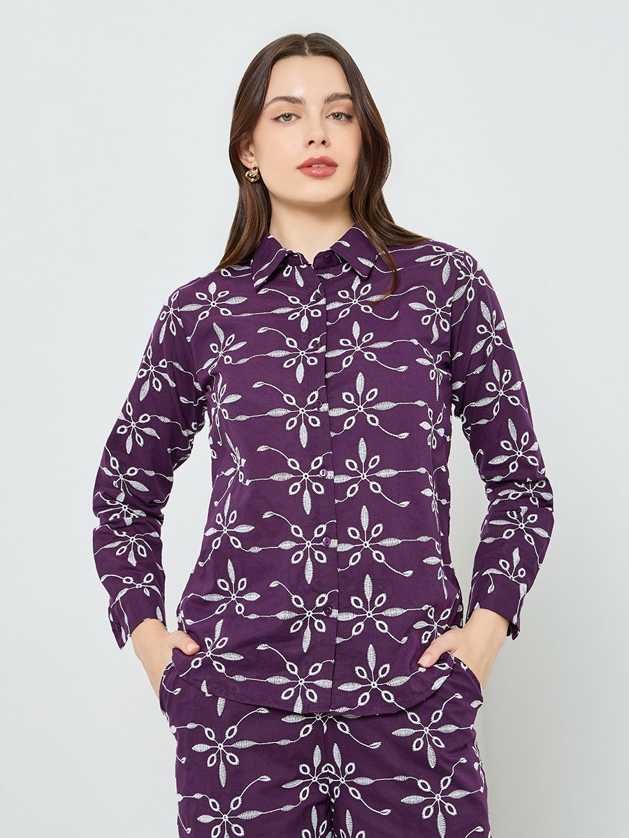 Purple Embroidered Shirt and Trousers Co-Ords