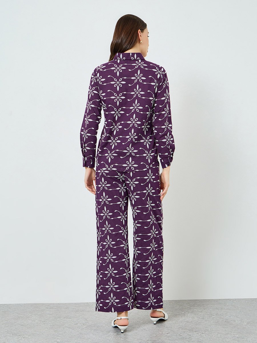 Purple Embroidered Shirt and Trousers Co-Ords