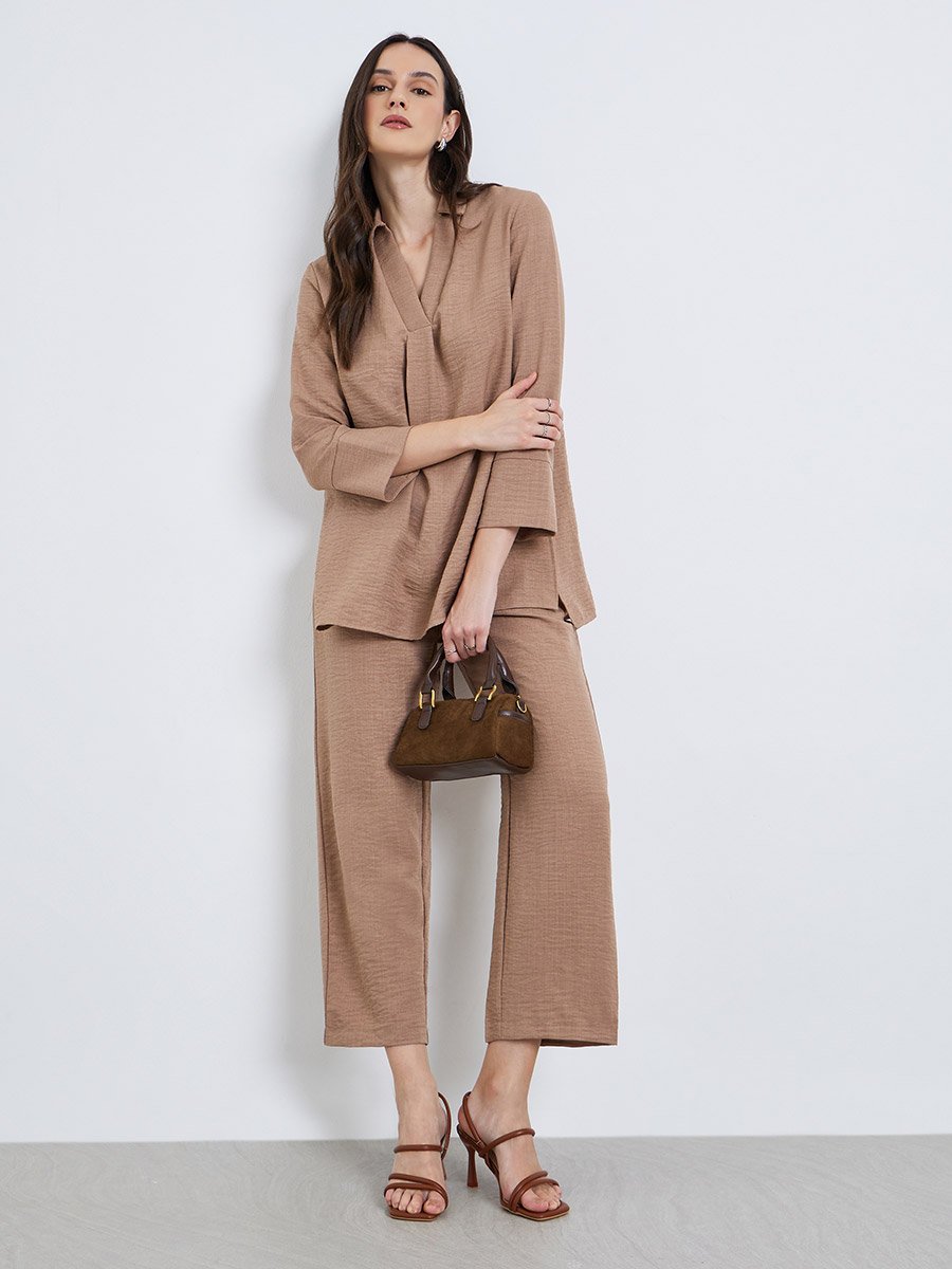 Women Beige Longline Shirt with 3/4 Sleeves