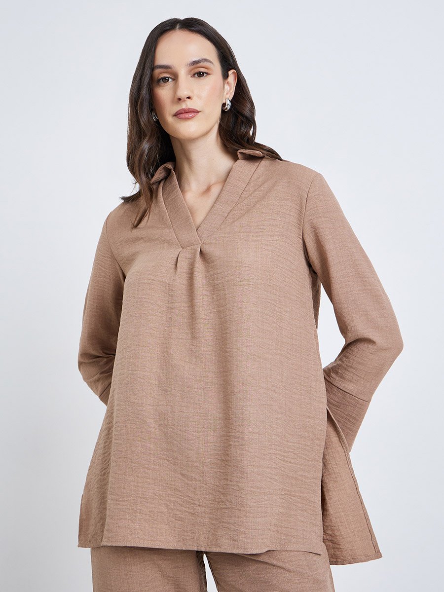 Women Beige Longline Shirt with 3/4 Sleeves