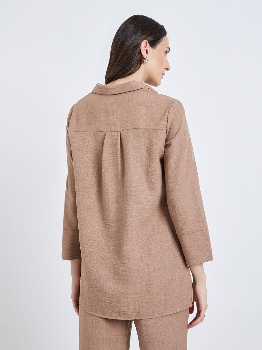 Women Beige Longline Shirt with 3/4 Sleeves