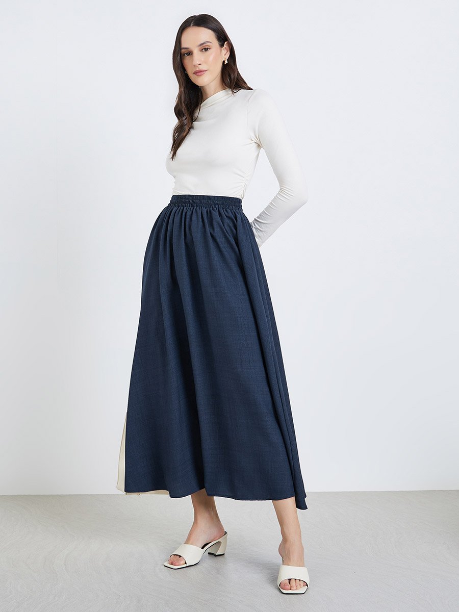 Dark Blue Textured A-Line Maxi Skirt