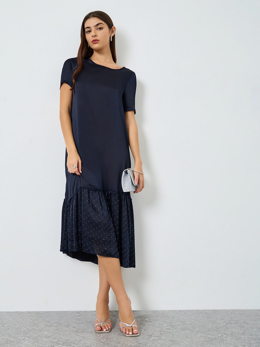 Women Navy Blue Ruffled Hem Midi Dress