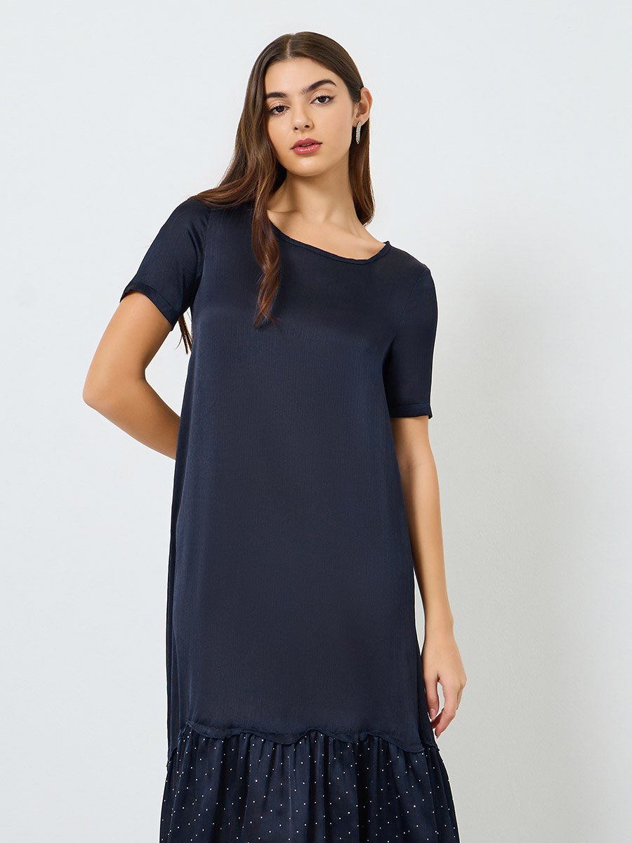 Women Navy Blue Ruffled Hem Midi Dress For Women at Bahrain | Styli