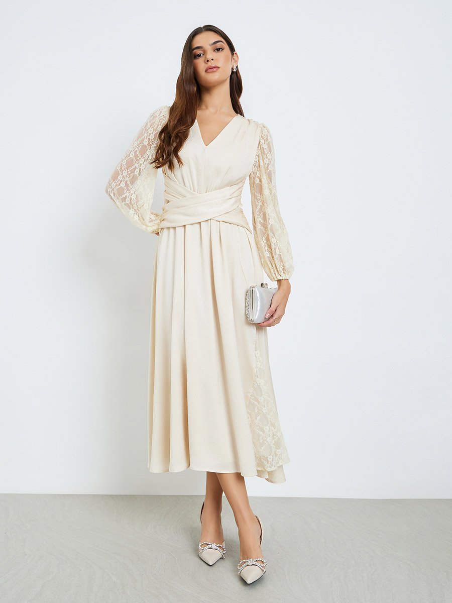 Women Cream Lace Sleeves A-Line Midi Dress For Women at Bahrain | Styli